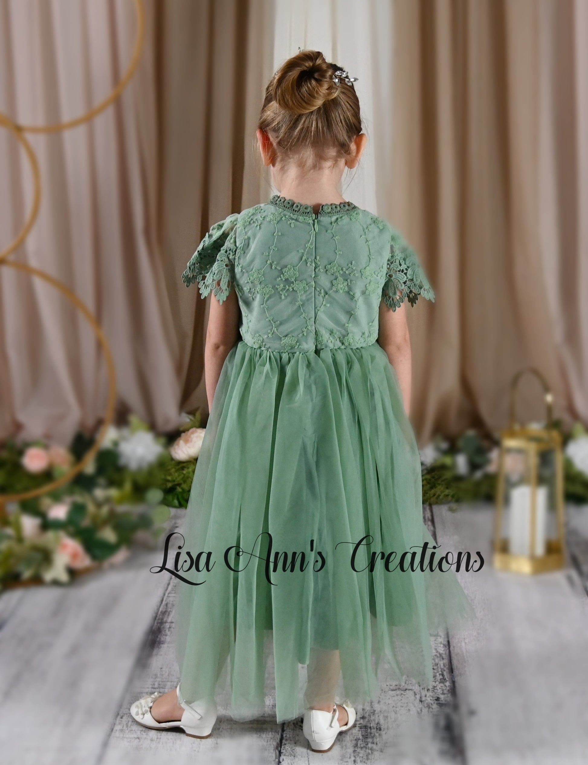 Flower Girl Dress in sage tulle and lace