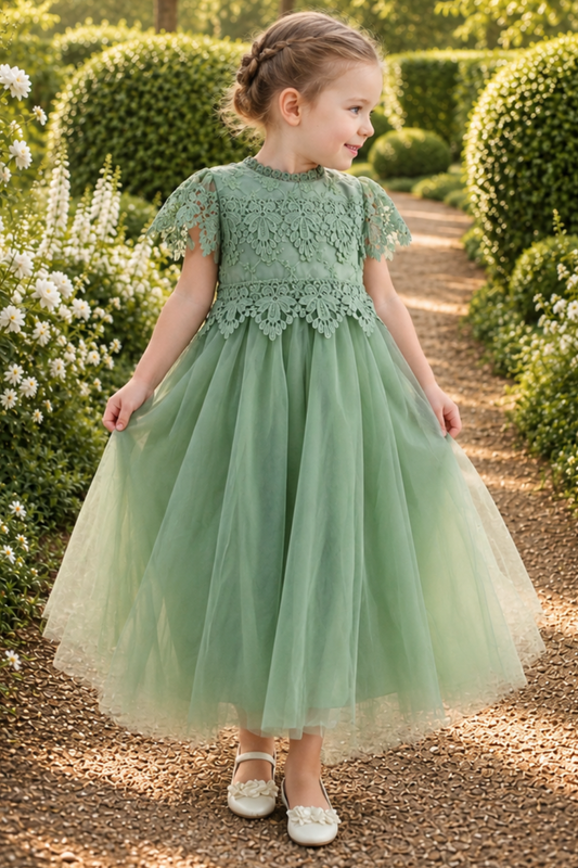 flower girl dress in sage tulle and lace. 
