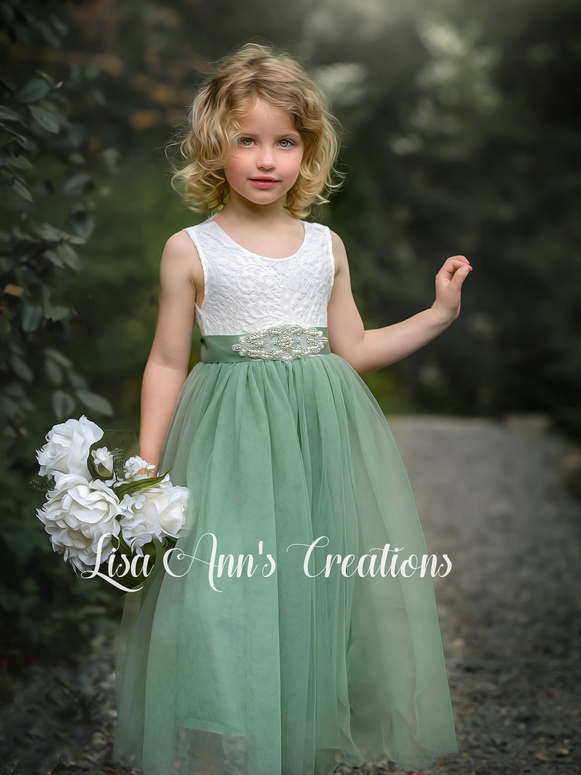 Sage Flower Girl Dress Sleeveless Full Length Tulle Dress 7/8 / Dress/Flower Jewel Sash/Headband