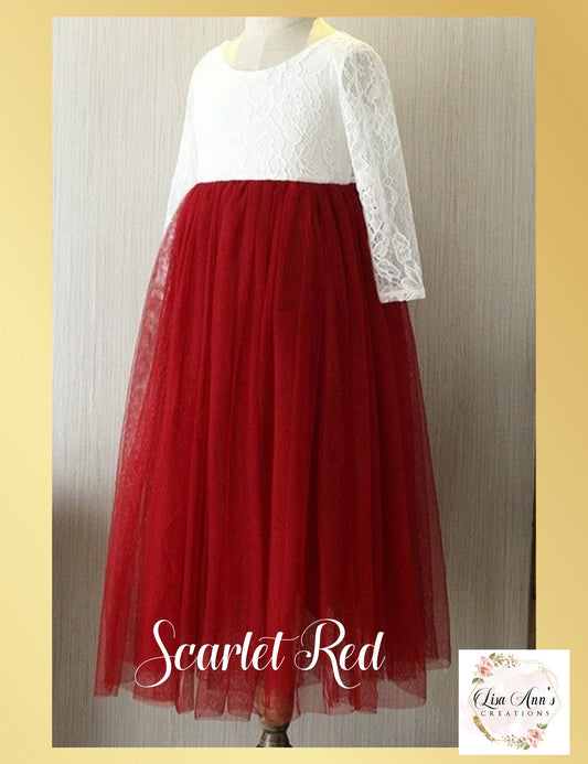flower girl dress scarlet red tulle with white lace long sleeves