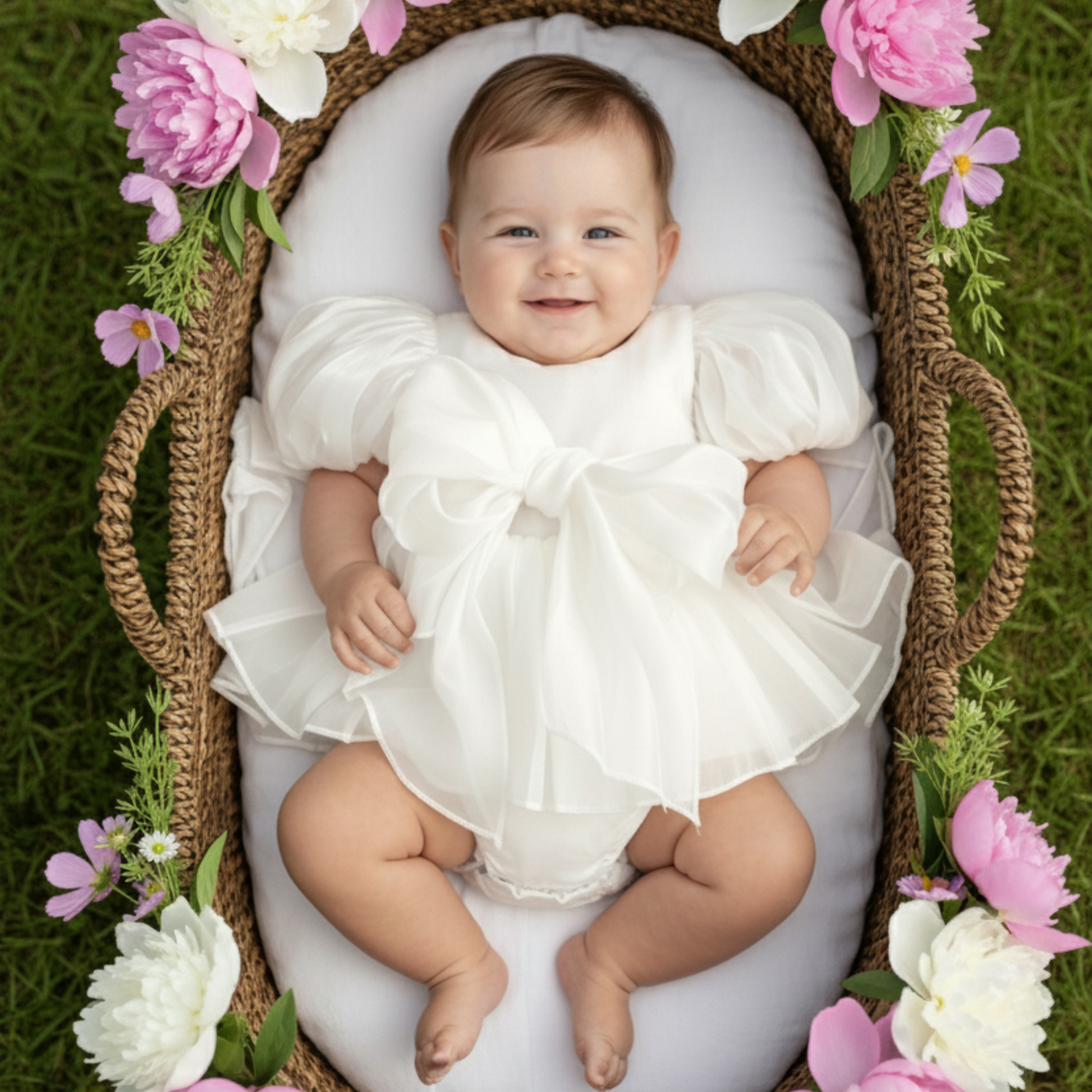 Baby Girls white Christmas romper dress for holiday parties and family photos. In a short puffy sleeve style with shiny organza material for a short midi thigh style