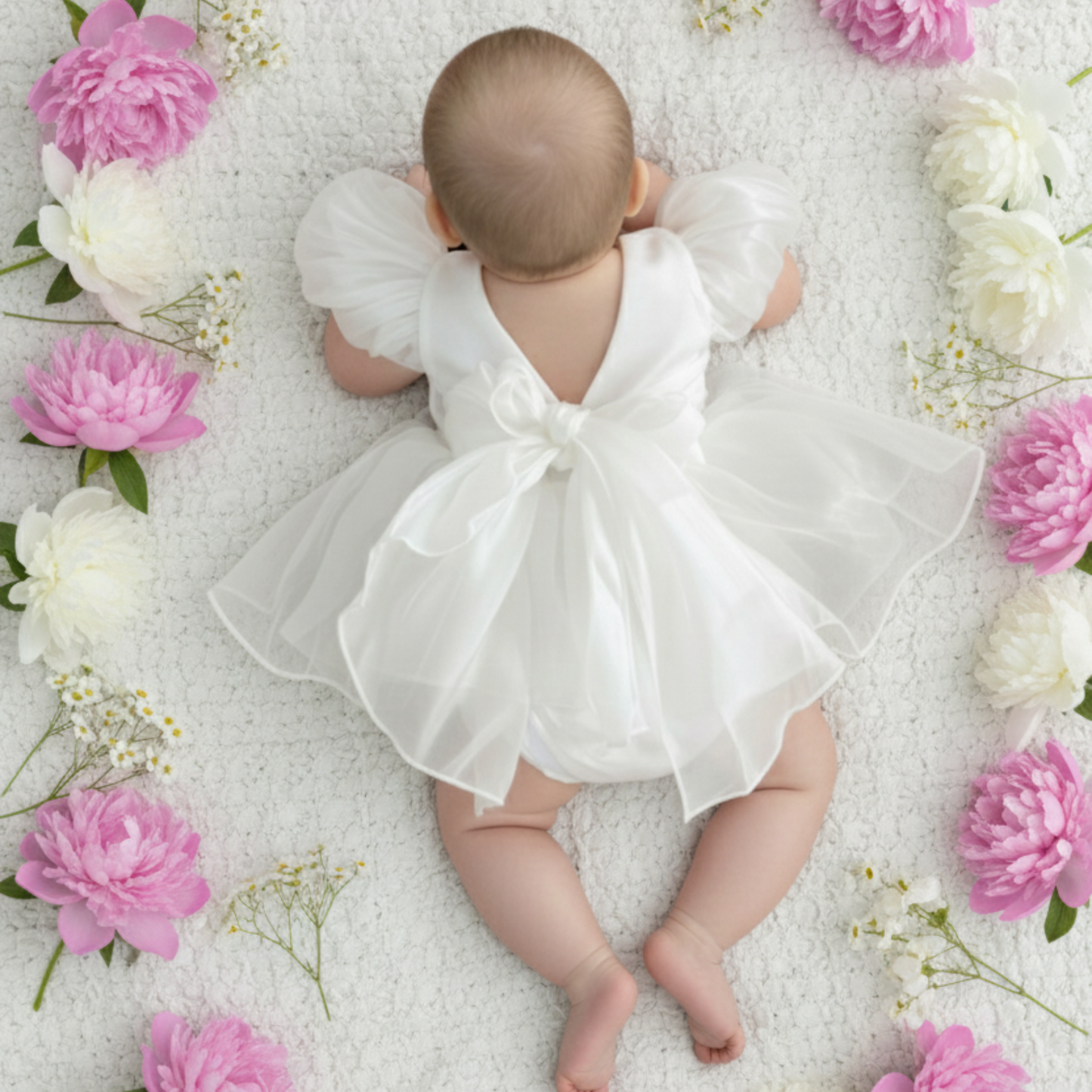 Baby Girls white Christmas romper dress for holiday parties and family photos. In a short puffy sleeve style with shiny organza material for a short midi thigh style