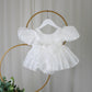 White baby girl dress with built in romper bodysuit