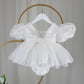 White baby girl dress with built in romper bodysuit