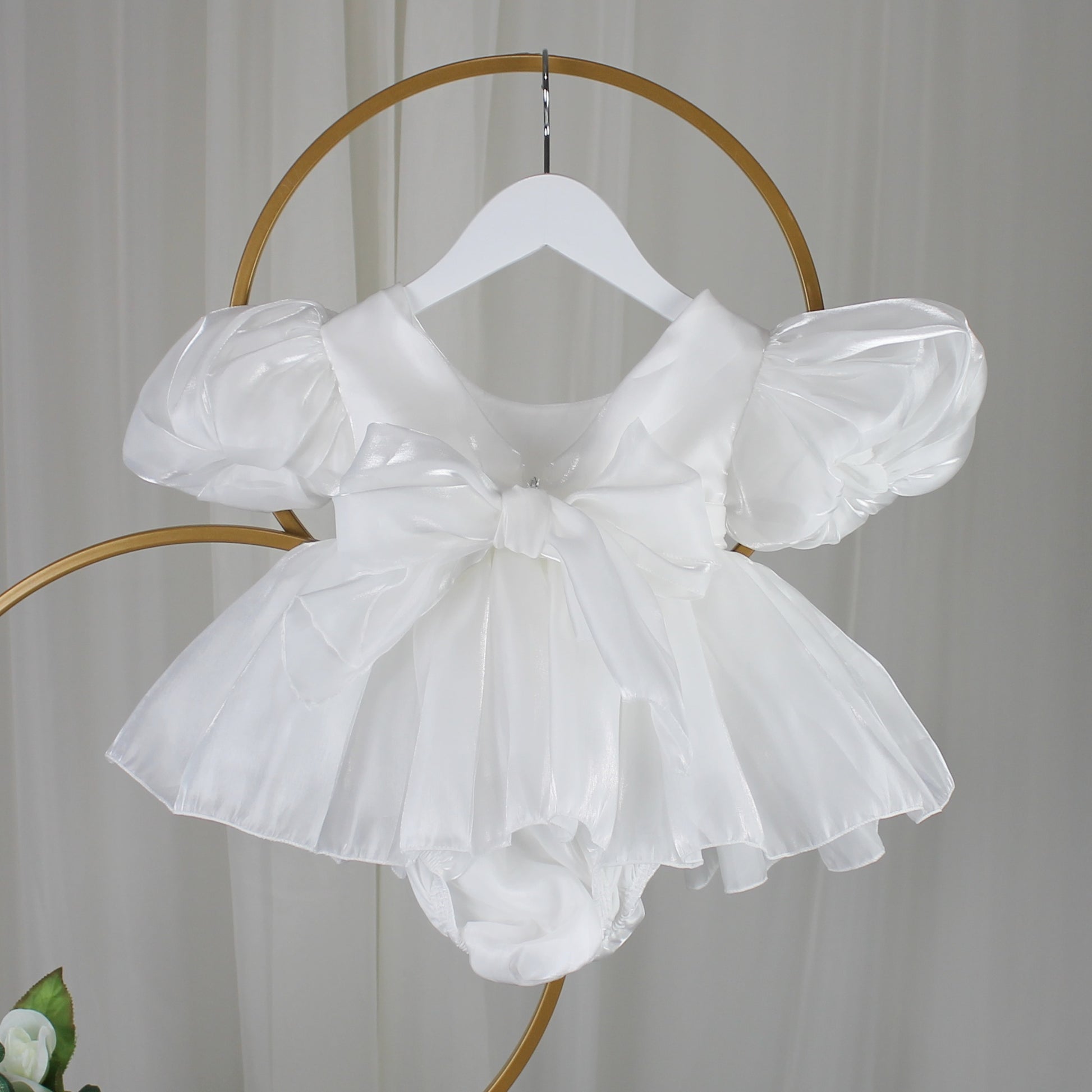 White baby girl dress with built in romper bodysuit