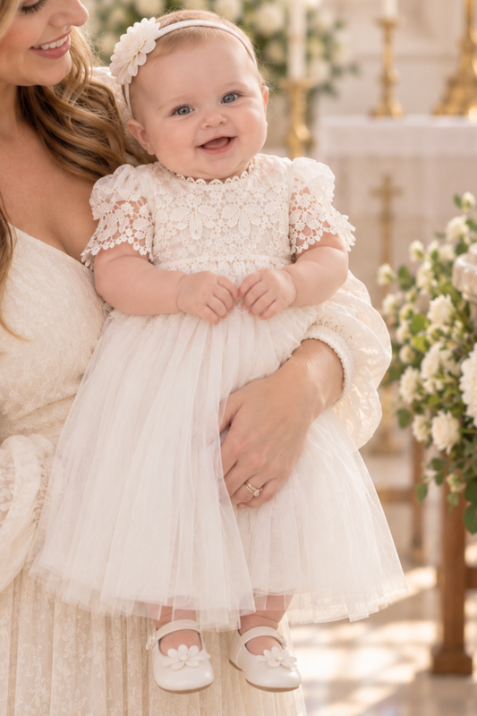 christening dress in white for a baby girl. 
