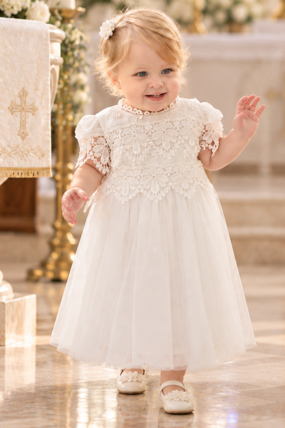 white christening dress in short sleeves and tulle. 