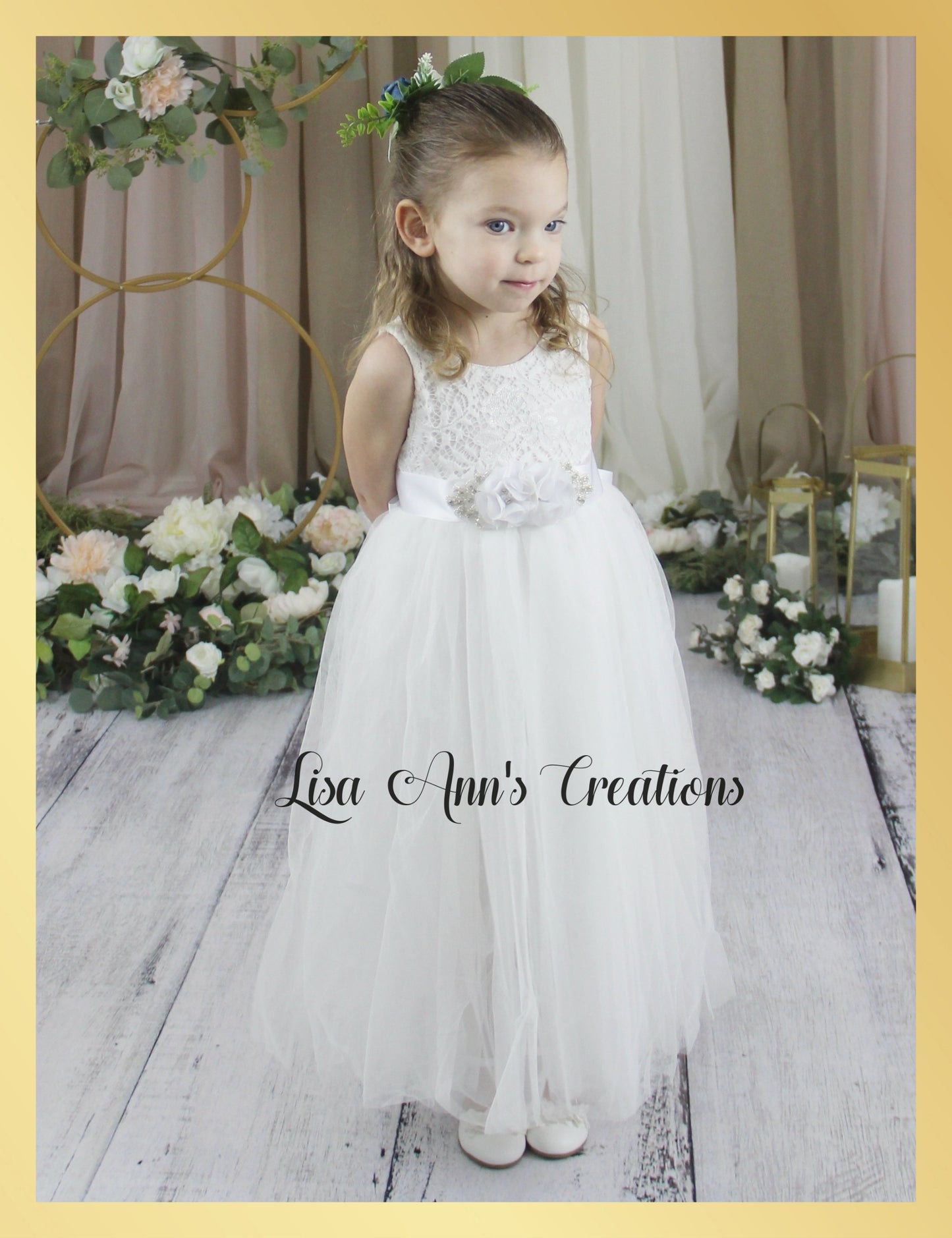Flower girl dresses in all white tulle and lace