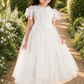 white flower girl dress with crochet flower pattern. great for a 1st communion dress. 