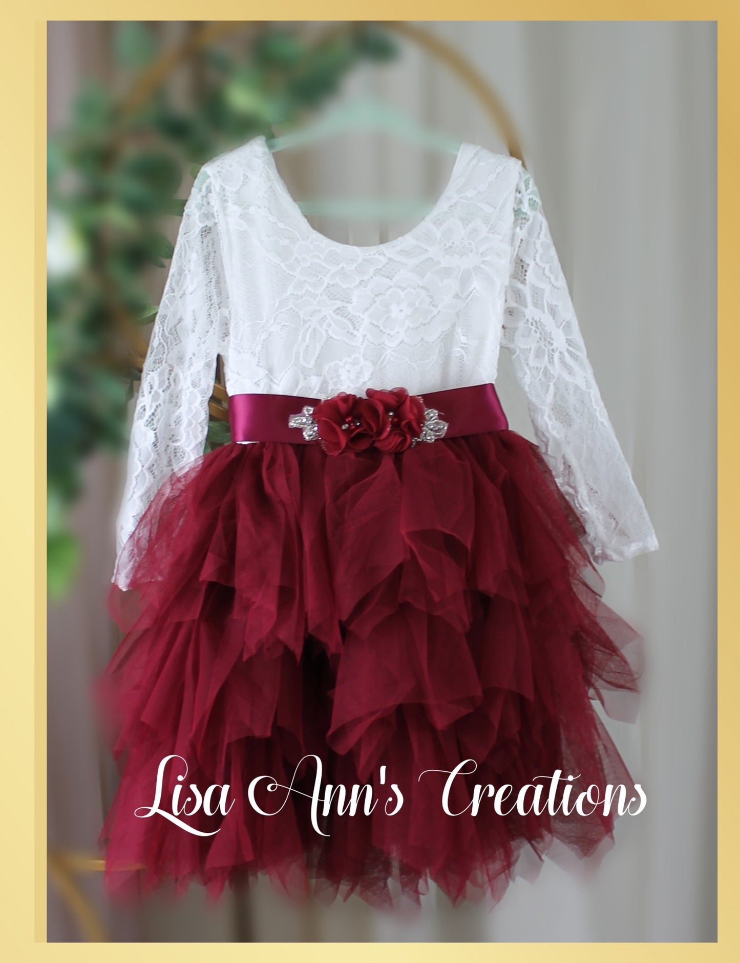 Flower girl dress in burgundy tulle with white lace