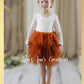 Flower Girl Dress Burnt Orange Tulle with Long White Lace Sleeves