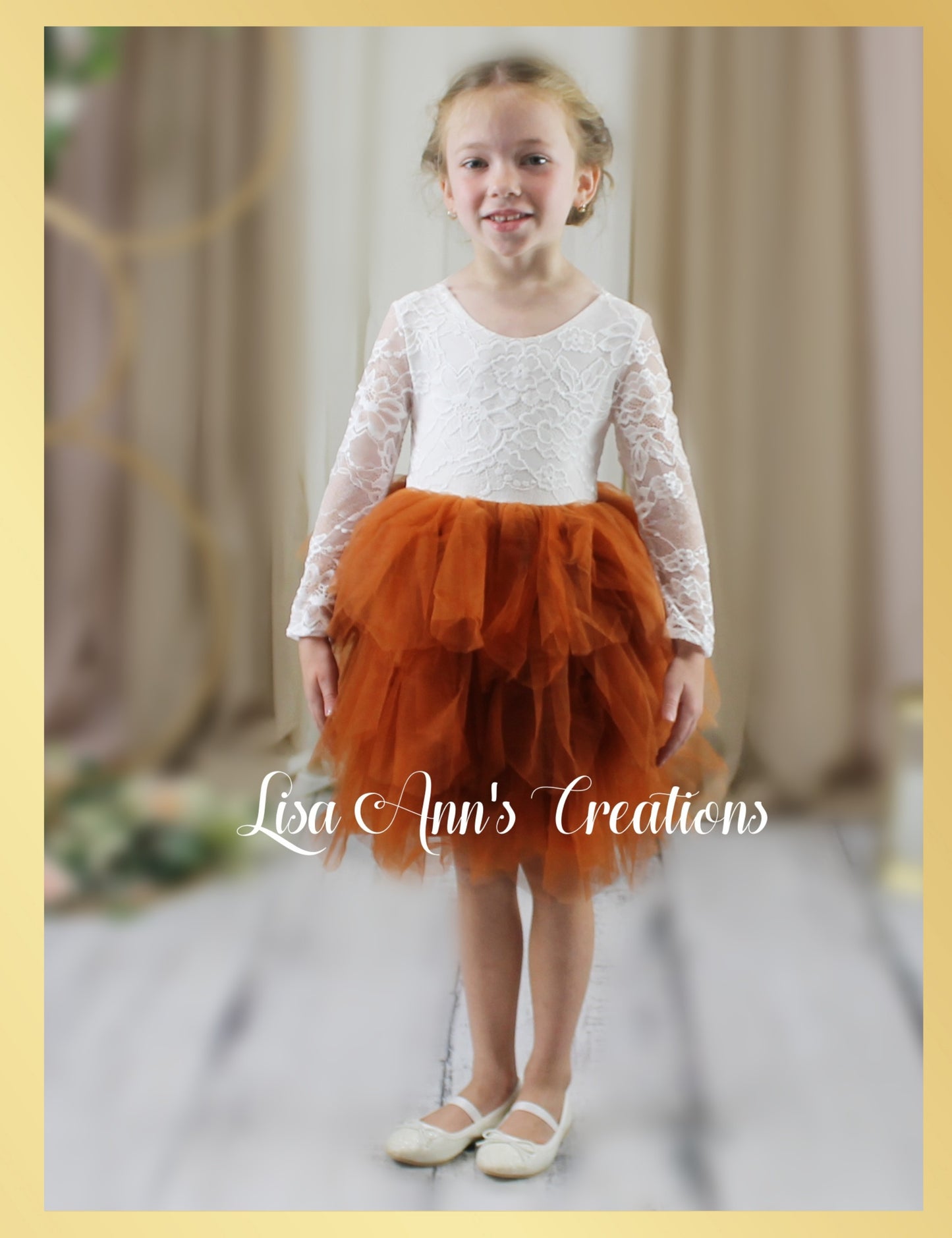 Flower Girl Dress Burnt Orange Tulle with Long White Lace Sleeves