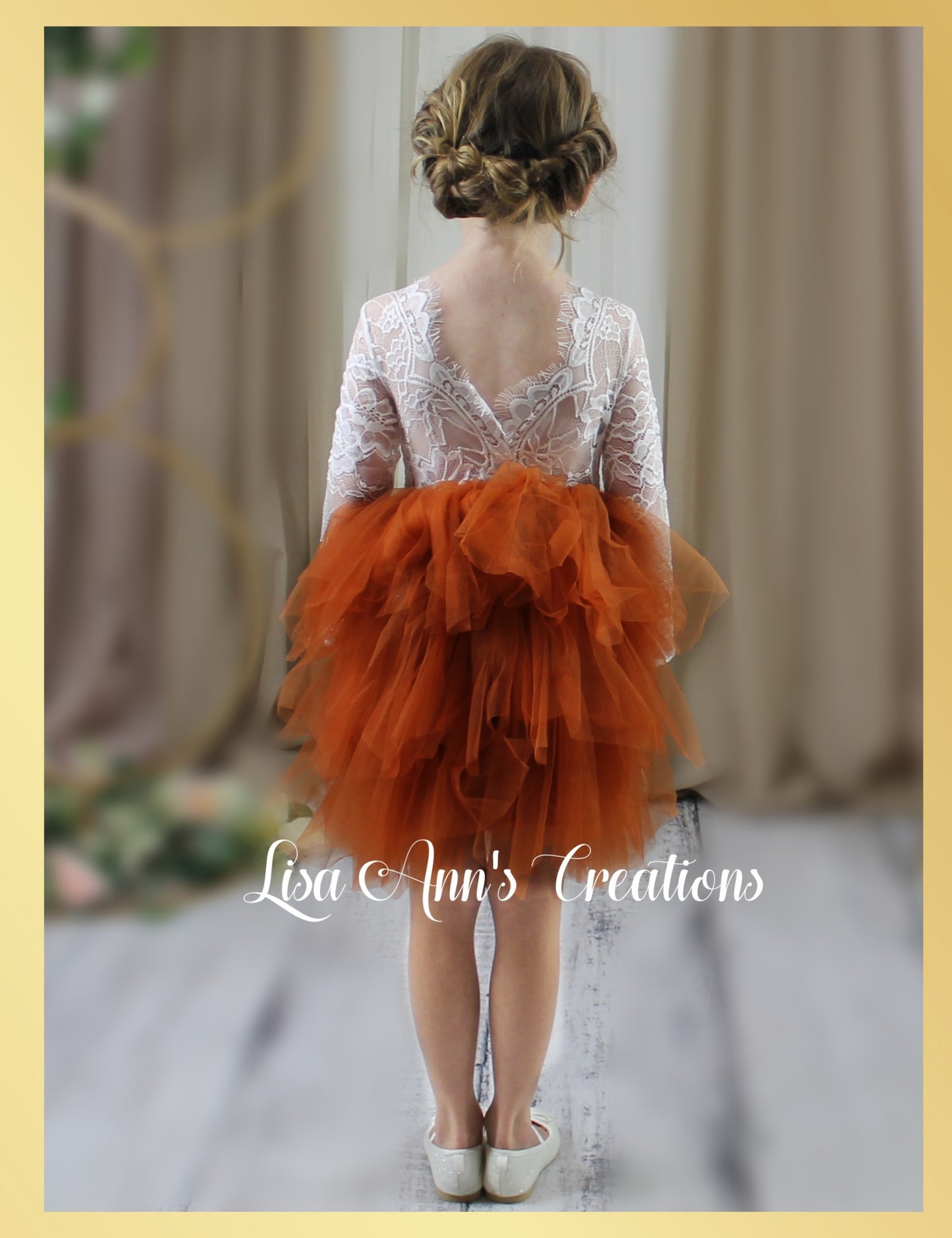 open back flower girl dress in burnt orange tulle 