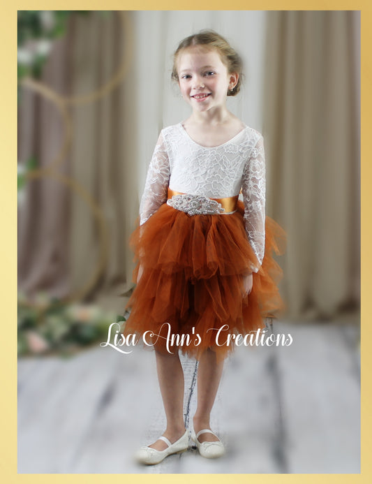 Flower girl dress burnt orange tulle in long sleeves