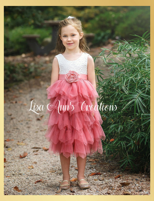 Dusty Rose flower girl dress in tulle and lace sleeveless and knee length