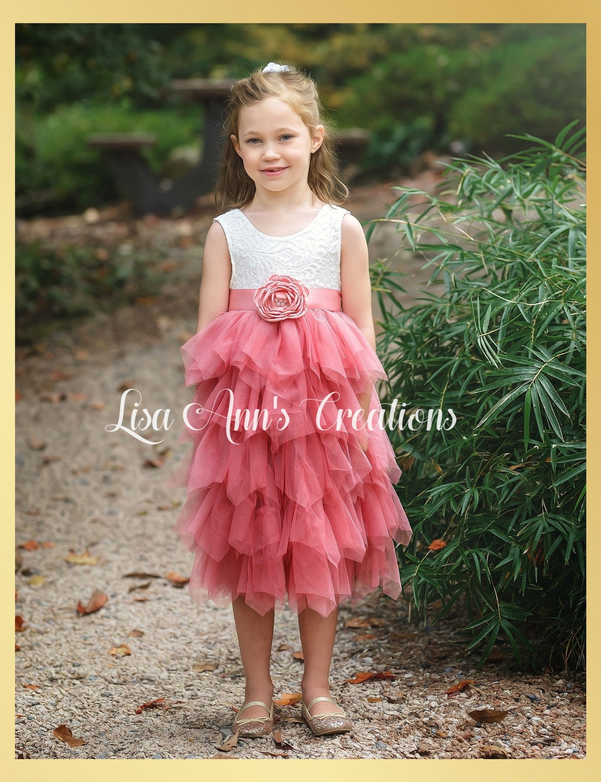Dusty Rose flower girl dress in tulle and lace sleeveless and knee length