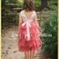 open back v shaped flower girl dress in dusty rose tulle with white lace that is knee length