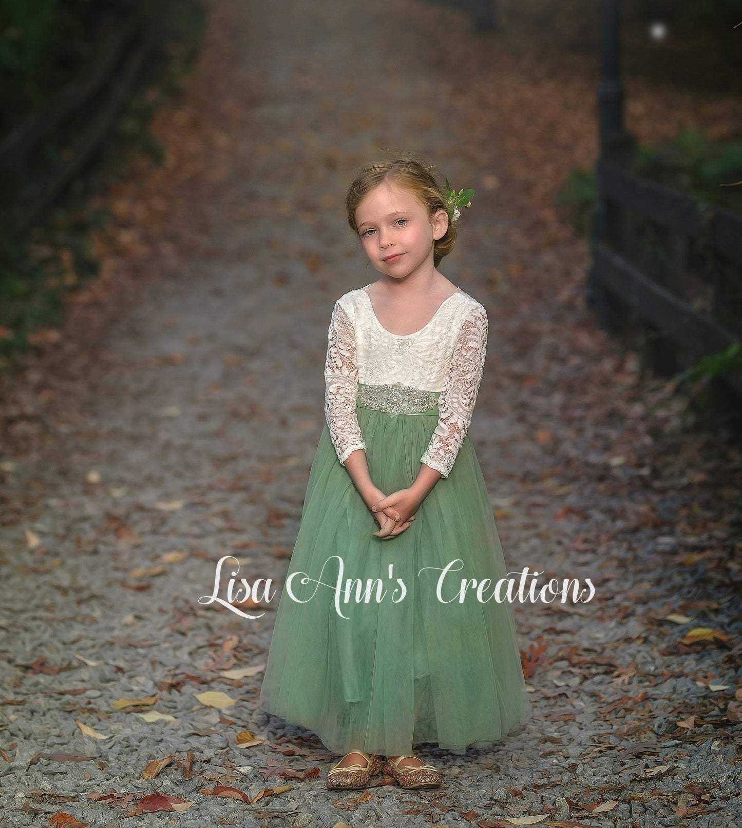 Sage Flower girl dress in tulle and white lace 