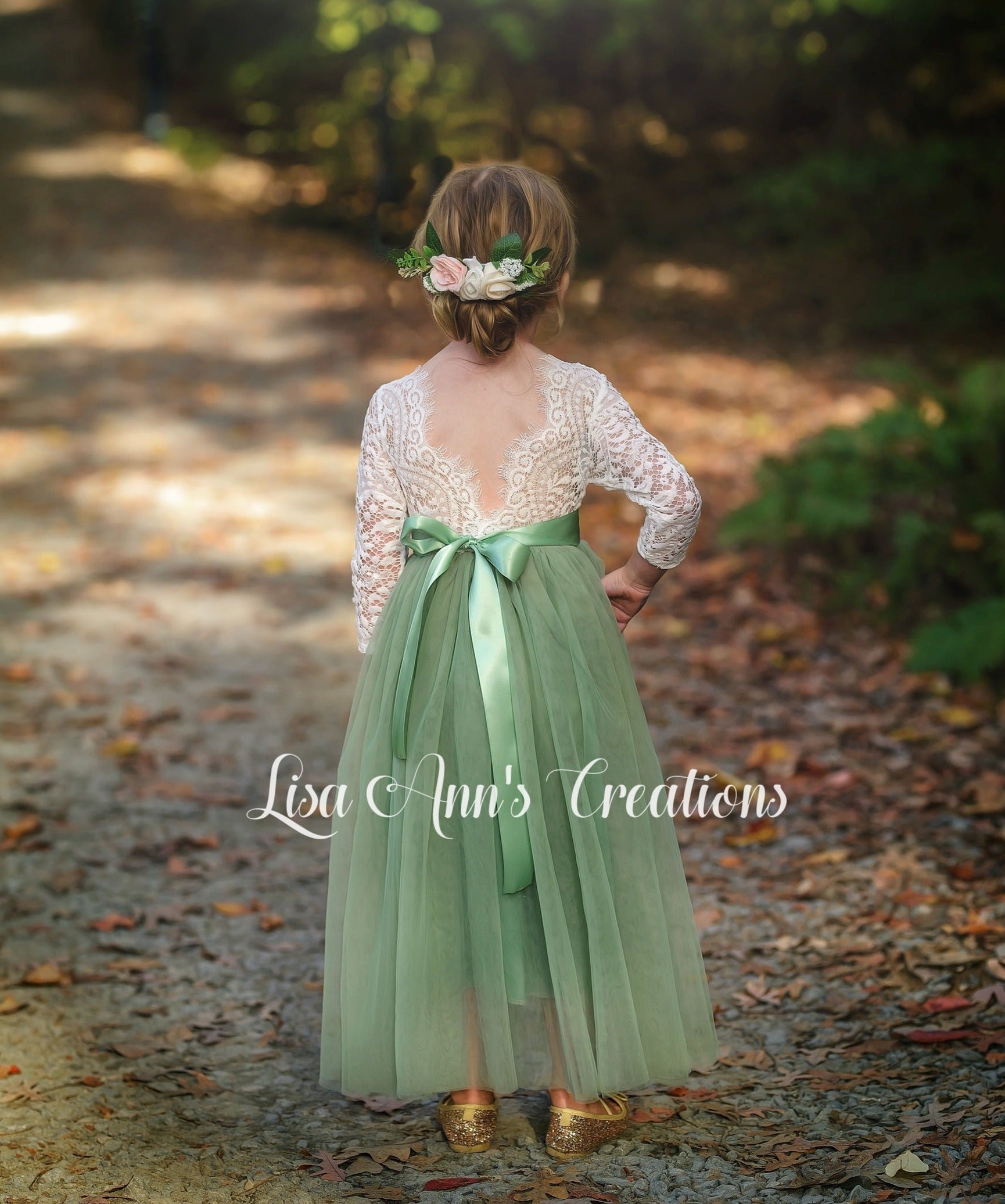 Junior Bridesmaid dress in sage tulle with white lace