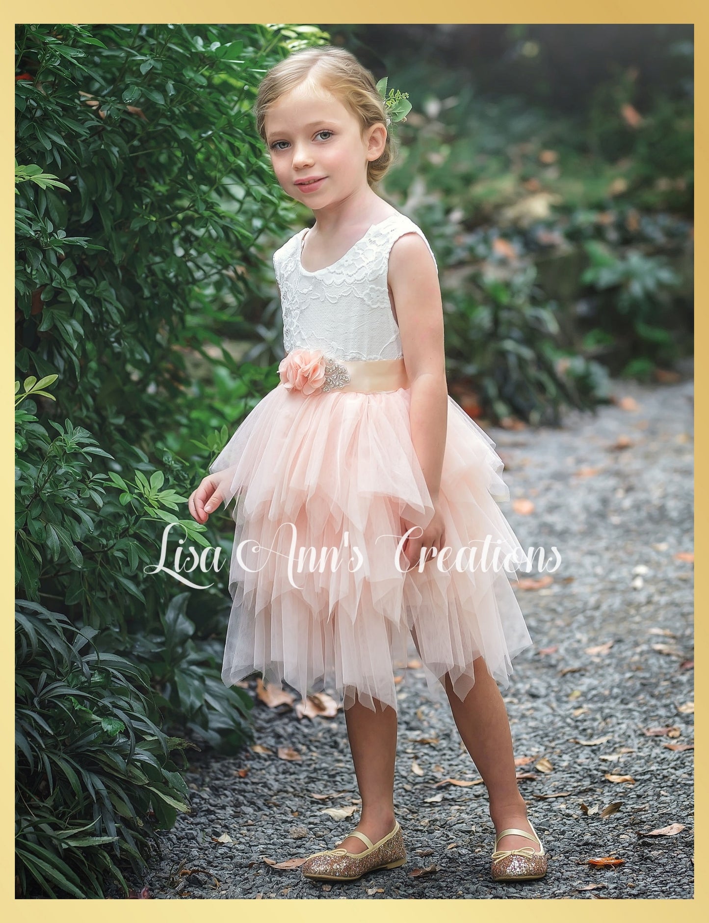 Bohemian flower girl dress in light peach tulle sleeveless