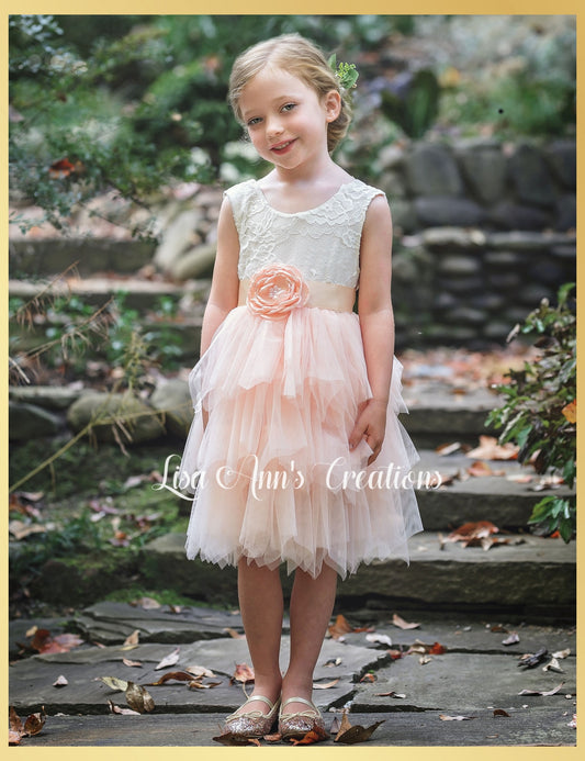 Light Peach Flower Girl dress in tulle and white lace