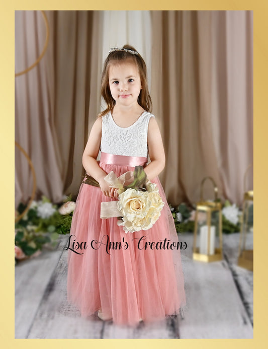 flower girl dress blush tulle with white lace junior bridesmaid