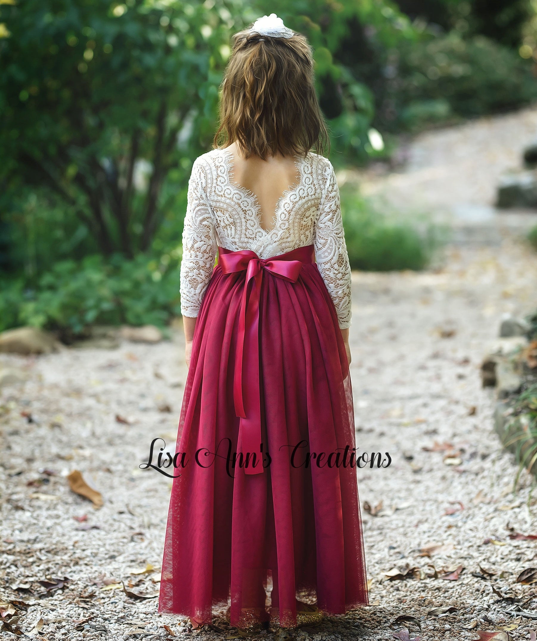 flower girl dress burgundy tulle long sleeves full length