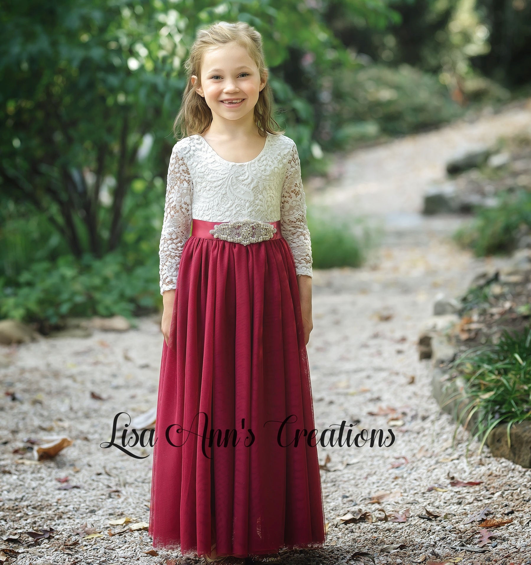 Flower Girl Dress Burgundy Long Sleeve Full length 9/12mos / Dress/Flower Jewel Sash Flower Girl Dress Burgundy Long Sleeve Full length 9/12mos / Dress/Flower Jewel Sash