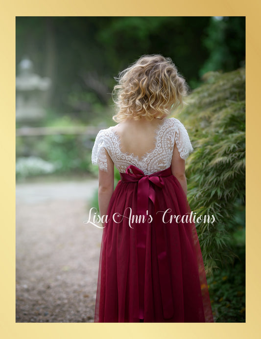Flower girl dress burgundy tulle short sleeve junior bridesmaid dress