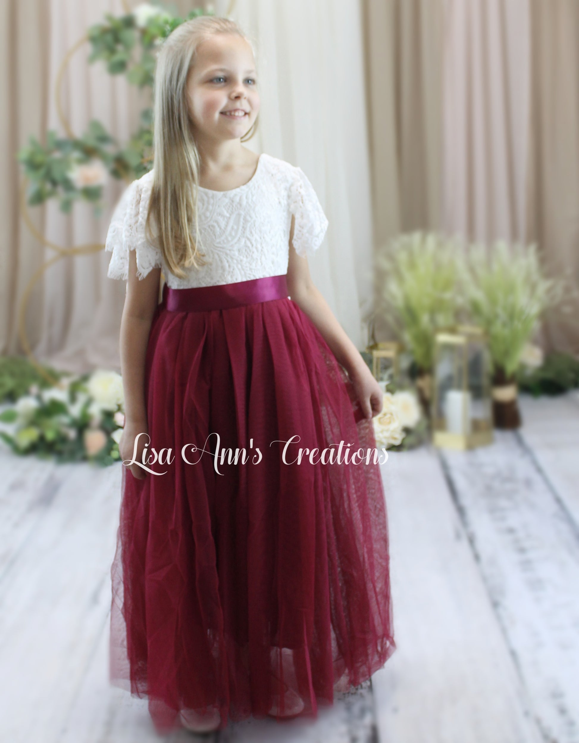 burgundy flower girl dress short sleeve tulle junior bridesmaid dress