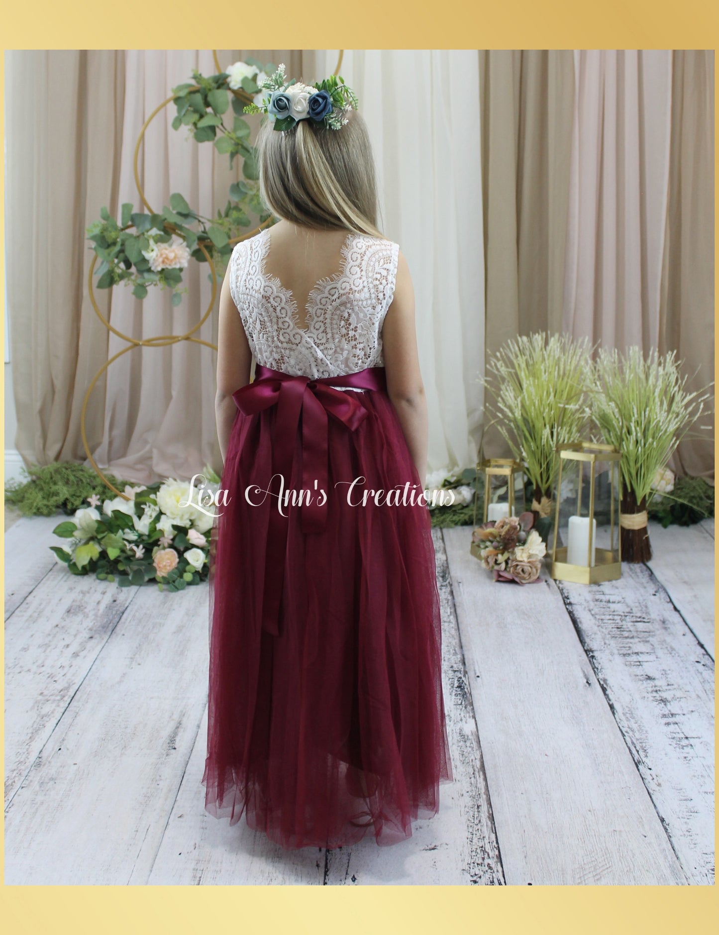 Burgundy flower girl dress with white lace