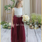 bohemian flower girl dress burgundy tulle and white lace