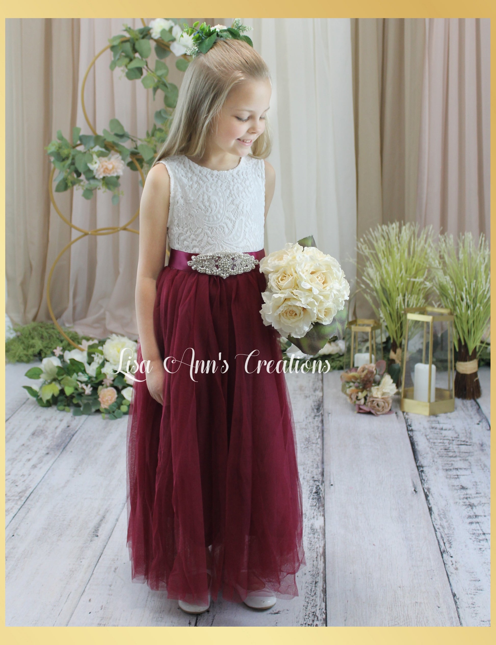 bohemian flower girl dress burgundy tulle and white lace