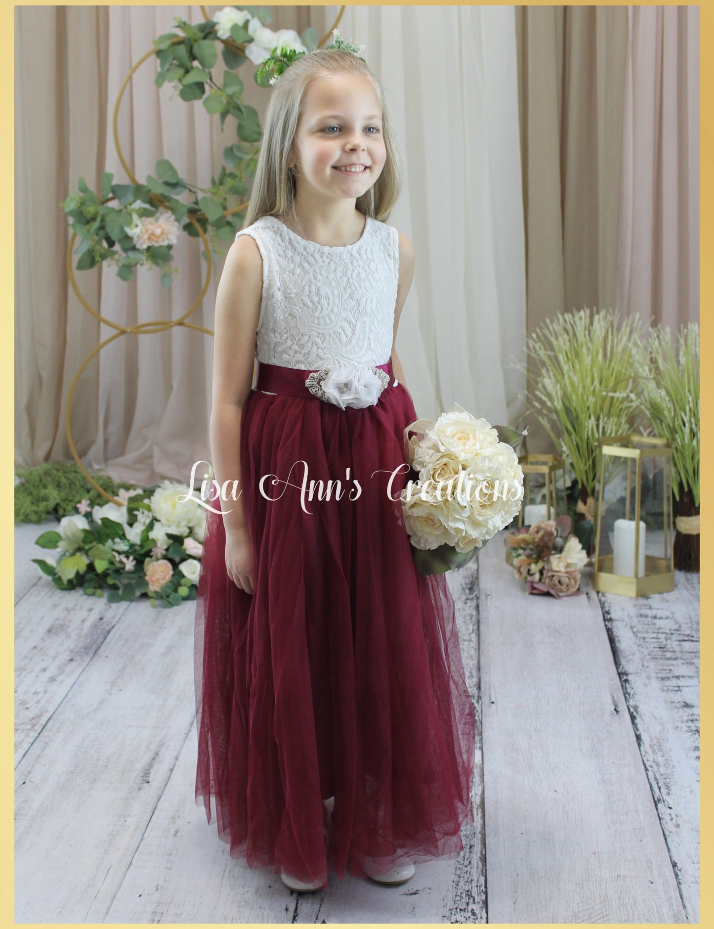 Junior bridesmaid dress in burgundy tulle and white lace