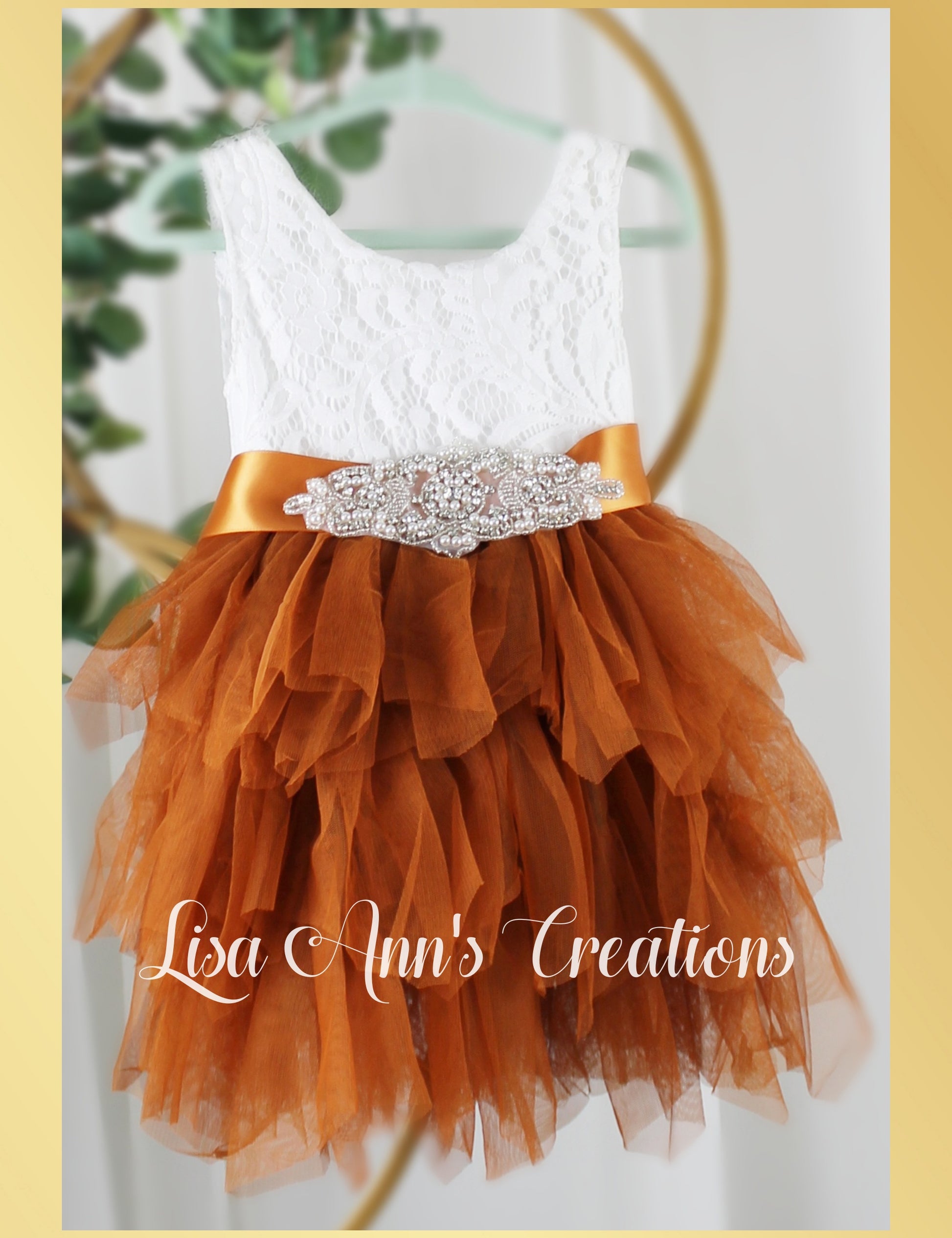Burnt Orange Flower Girl dress sleeveless white lace and knee length style