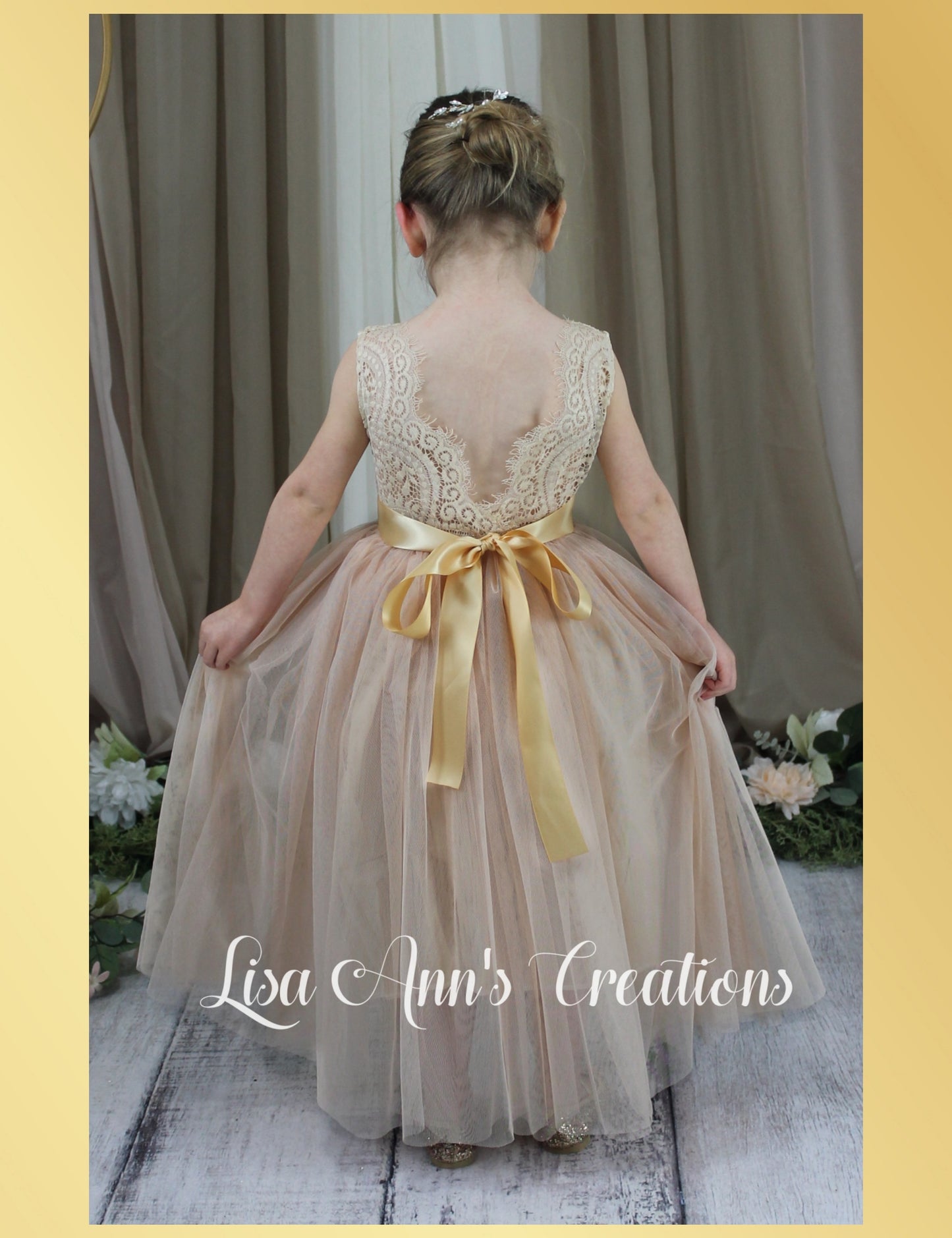 Boho Flower Girl dress in champagne tulle and sleeveless lace
