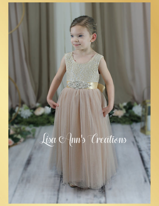 Champagne flower girl dress boho style sleeveless full length tulle and champagne lace