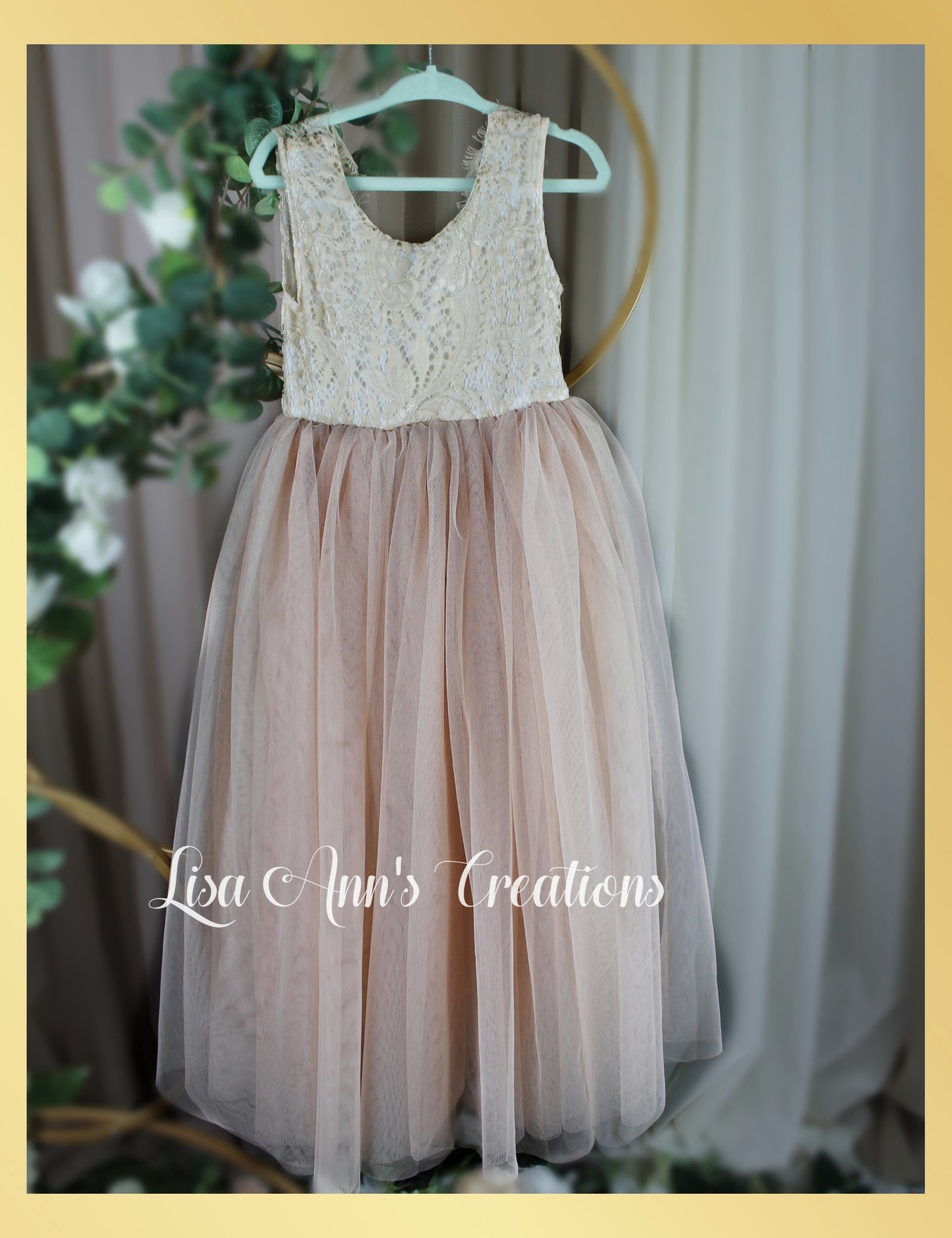 sleeveless boho flower girl dress in champagne tulle and lace