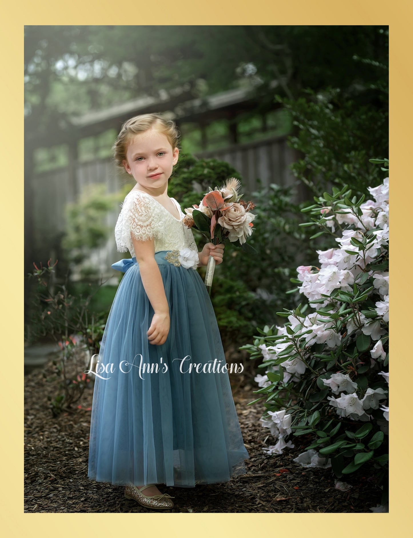 Flower Girl Dress Dusty Blue Short Sleeve Tulle Junior Bridesmaid
