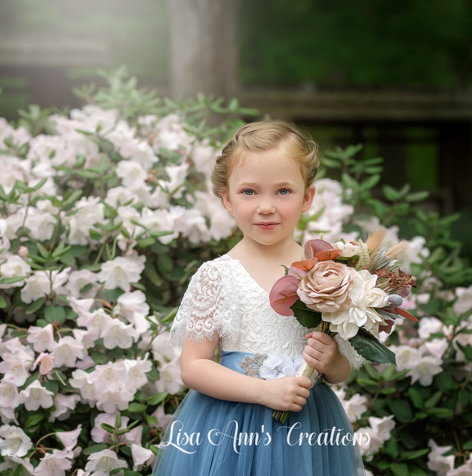 Short sleeve flower girl dress dusty blue tulle junior bridesmaid
