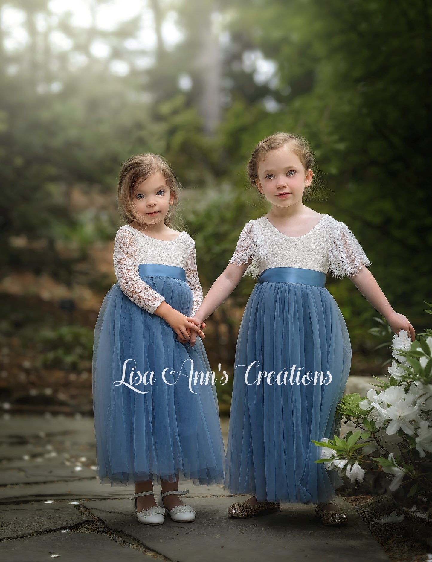 Junior bridesmaid dress dusty blue short sleeve tulle