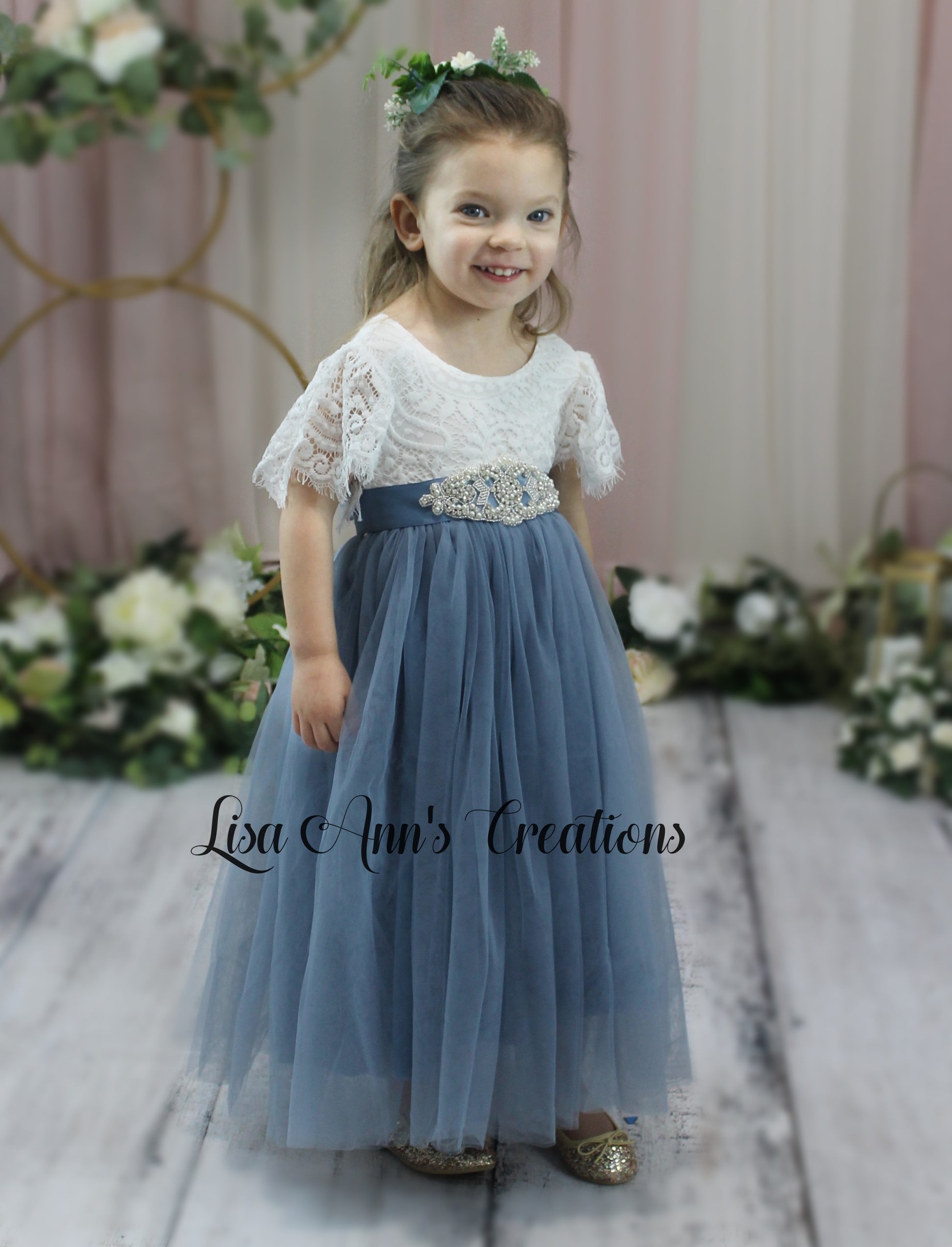 Tulle flower girl dress dusty blue short sleeve