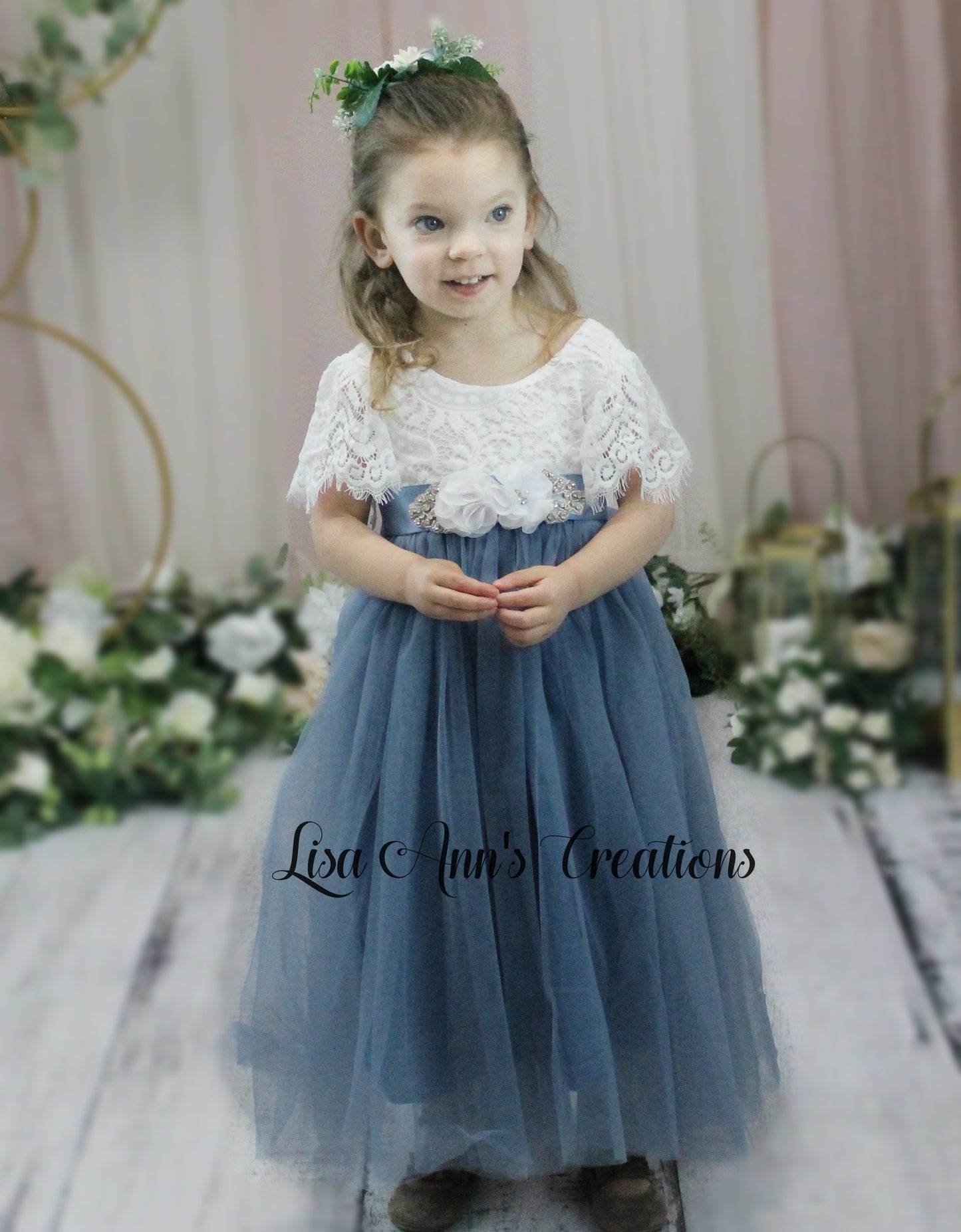 Bohemian flower girl dress dusty blue short sleeve