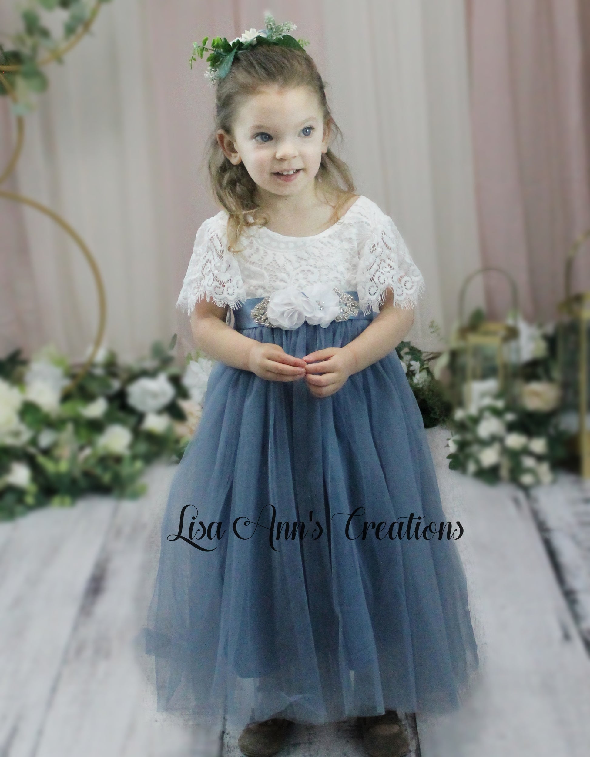 Bohemian flower girl dress dusty blue short sleeve