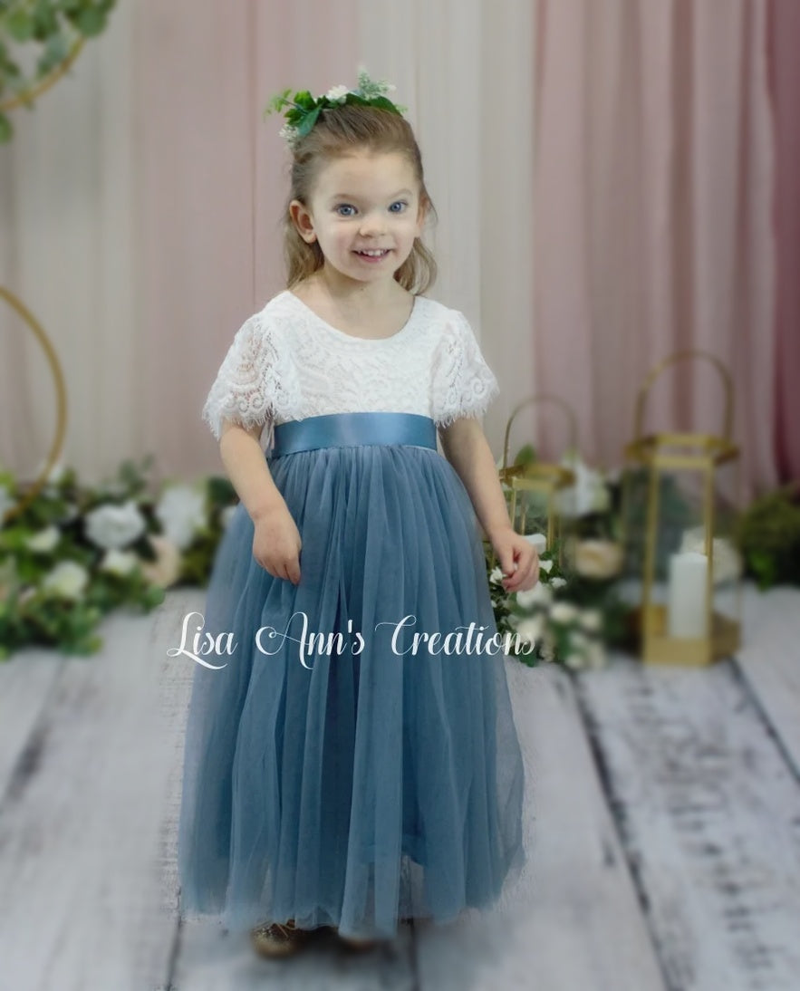 Boho flower girl dress dusty blue tulle short sleeve