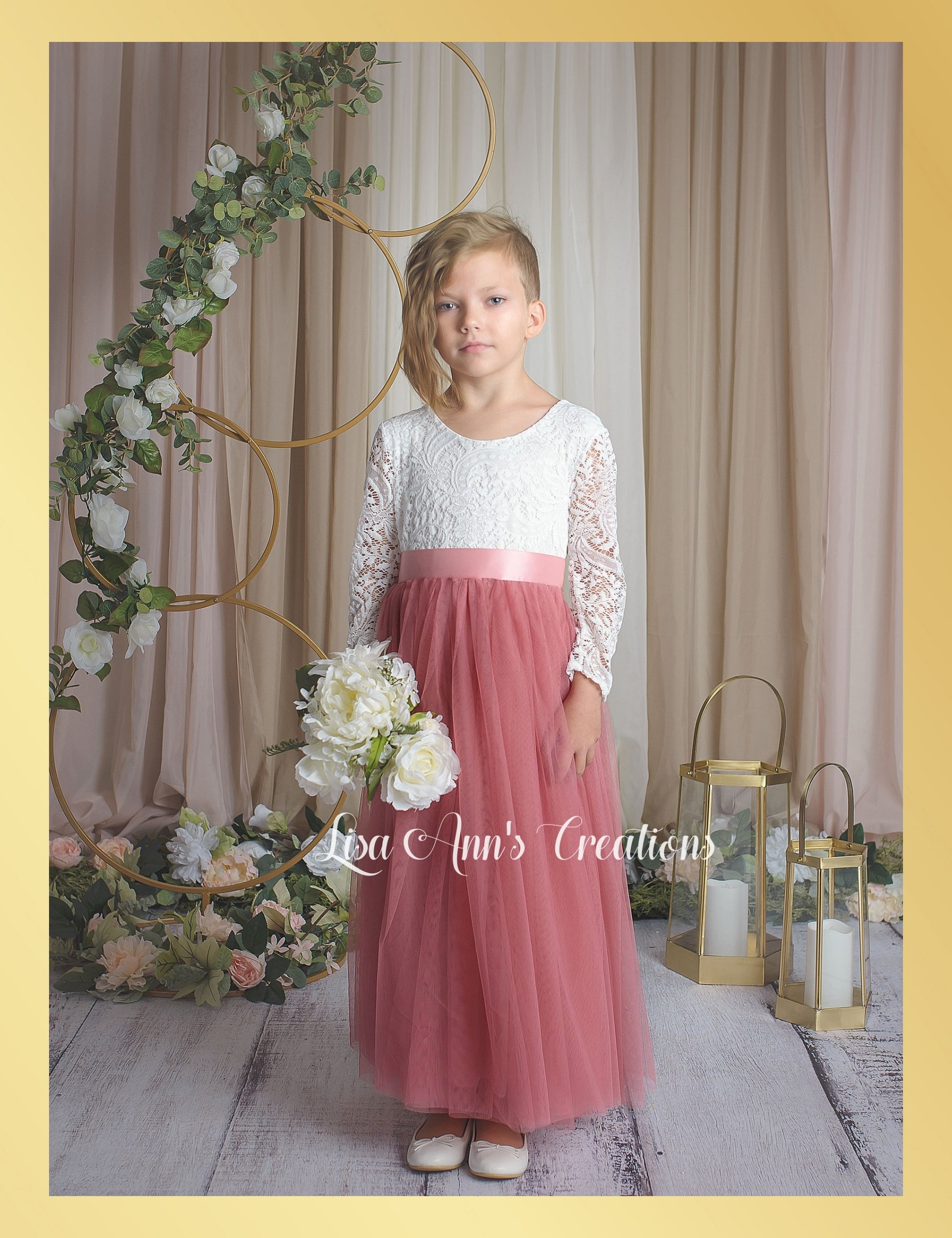 Pink Flower Old Rose Flower Girl Dress Vintage Rose Lace Appliqu Illusion Bateau Girls Dress With Pink Flower Old Rose Flower Girl Dress Vintage Rose Lace Appliqu Illusion Bateau Girls Dress With