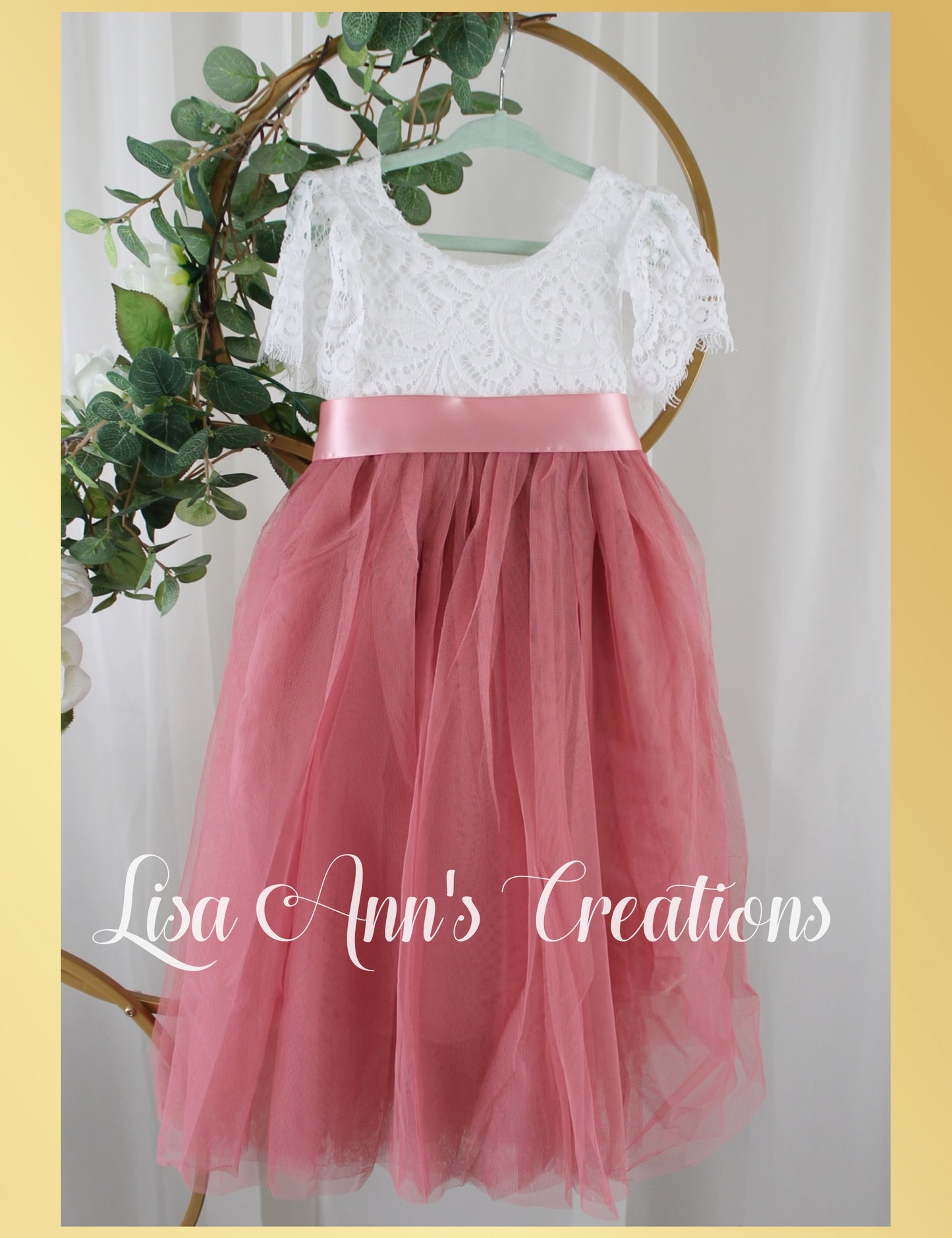 Flower girl dress dusty rose tulle with white lace in floor length