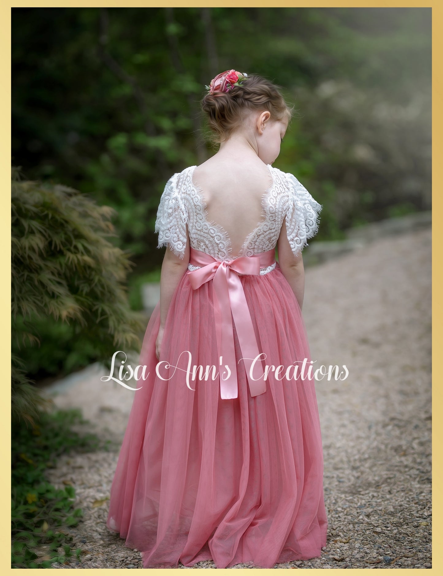Dusty rose flower girl dress long tulle with white lace bodice