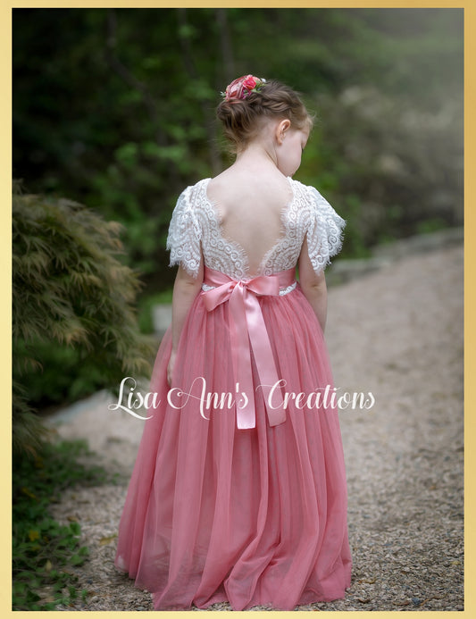 Dusty rose flower girl dress long tulle with white lace bodice