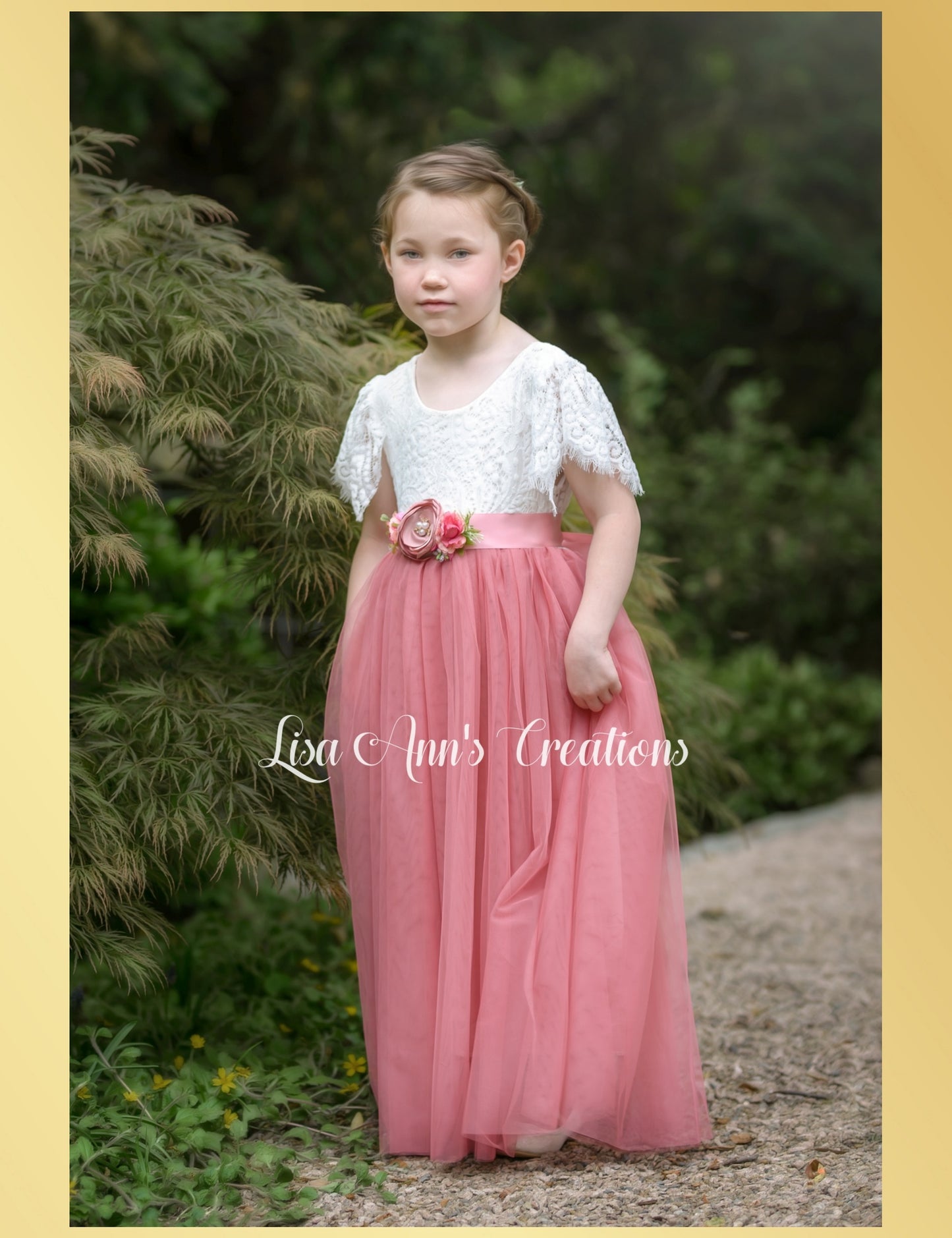 boho bohemian flower girl dress dusty rose tulle full length with white lace bodice